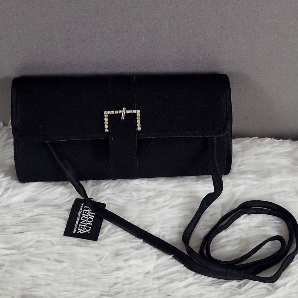 Bijoux Terner Black Satinw/Rhinestone Buckle Evening Clutch w/Shoulder Strap,NEW